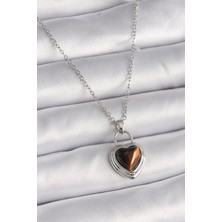 Toptan Bulurum 316L Çelik Gümüş Renk Zincir Kilit Kalp Kehribar Boncuk Model Kadın Ke