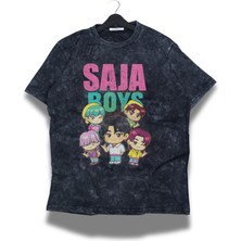 Fuddy Moda Unisex Saja Boys Chibi Baskılı Yıkamalı T-Shirt, Oversize Kpop Demon Hunters Temalı Retro Tişört