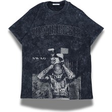 Fuddy Moda Unisex Swag Baskılı Yıkamalı T-Shirt, Oversize Justin Bieber Temalı Retro Tişört