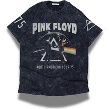 Fuddy Moda Unisex Pink Floyd 71 Logo Kol Baskılı Yıkamalı T-Shirt, Oversize Rock Band Temalı Vintage Tişört