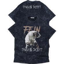 Fuddy Moda Unisex Fein Travis Scott Ense Baskılı Yıkamalı T-Shirt, Oversize Rapper Temalı Vintage Tişört