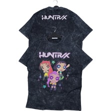 Fuddy Moda Unisex Huntrix Karakterler Ense Baskılı Yıkamalı T-Shirt, Oversize Kpop Demon Hunters Temalı Tişört