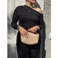 Luciaonline Taba Hasır Görünümlü El ve Omuz Çanta Organik Örme Davet Çantası Özel Gün Çantası Plaj Çantası