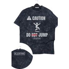 Fuddy Moda Unisex Caution Dont Jump Blackpink Ense Baskılı Yıkamalı T-Shirt, Oversize Kpop Temalı Retro Tişört
