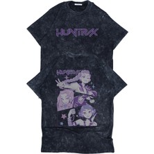Fuddy Moda Unisex Huntrix Sırt Baskılı Yıkamalı T-Shirt, Oversize Kpop Demon Hunters Temalı Vintage Tişört