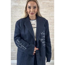 Muna Boutique Özel Tasarım Işlemeli Lacivert Kadın Ceket