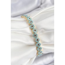 Nacario Bfs Pirinç Zirkon Taşlı Turkuaz Nazar Model Gold Renk Lastikli Kadın Bileklik