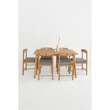Unboxdeco Alaçatı 6 Kişilik Masif Kayın Ahşap Masa Takımı, 6 Sandalye - Gri 130X80