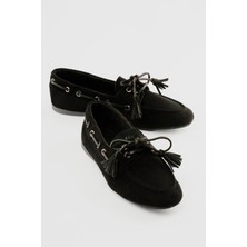 Mubiano Kadın Süet Loafer Bağcıklı Püskül Detaylı Lumia Siyah