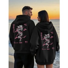 Nevermind Sevgili Çift Kombin Ejderha Desenli Baskılı Renk Kapüşonlu Sweatshirt 2li Set Takım 3 Iplik Pamuk