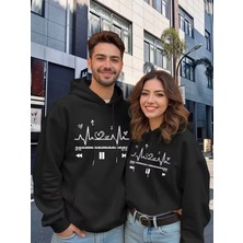 Nevermind Sevgili Çift Kombini Kalp Nabız Müzik Baskılı Kapüşonlu Sweatshirt 2li Set Takım 3 Iplik Pamuk