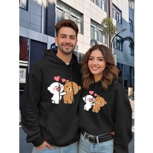 Nevermind Sevgili Çift Kombini Sevimli Ayıcık Baskılı Kapüşonlu Sweatshirt 2li Set Takım 3 Iplik Pamuk