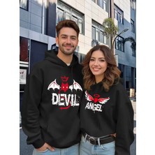 Nevermind Sevgili Çift Kombin Devil & Angel Baskılı Renk Kapüşonlu Sweatshirt 2li Set Takım 3 Iplik Pamuk