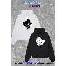 Nevermind Çift Kombini Sweatshirt Seti – 3 Iplik Oversize Kedi Desenli Hoodie Unisex