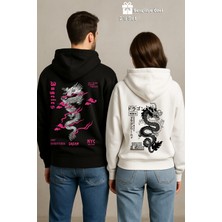 Nevermind Sevgili Çift Kombin Ejderha Baskılı Hoodie Unisex Oversize Kapüşonlu Sweatshirt 2’li Set 3 Siyah