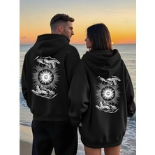 Nevermind Sevgili Çift Kombini Güneş ve El Desenli Hoodie Kapüşonlu Sweatshirt 2li Set Takım 3 Iplik Pamuk