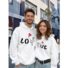 Nevermind Sevgili Çift Kombini Love Baskılı Kapüşonlu Sweatshirt 2li Set Takım 3 Iplik Pamuk