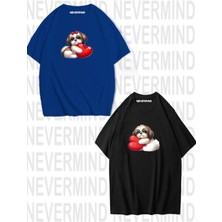 Nevermind Sevgili Kombini Sevimli Köpek ve Kalp Baskılı Oversize Unisex Çift Tişörtü