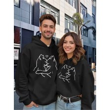 Nevermind Sevgili Kombini Oversize Hoodie – Aşk Kedi Baskılı 3 Iplik Unisex Sweatshirt 2'li Set