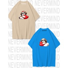 Nevermind Sevgili Kombini Sevimli Köpek ve Kalp Baskılı Oversize Unisex Çift Tişörtü