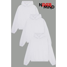 Nevermind 3'lü Düz Basic Kalın Kışlık Sweatshirt - Siyah Beyaz Duman Gri Oversize Kapüşonlu