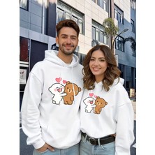 Nevermind Sevgili Çift Kombini Sevimli Ayıcık Baskılı Kapüşonlu Sweatshirt 2li Set Takım 3 Iplik Pamuk