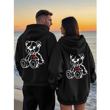 Nevermind Sevgili Çift Kombin Ayıcık Baskılı Kapüşonlu Sweatshirt 2li Set Takım 3 Iplik
