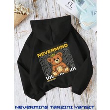 NEVERMIND Unisex Nevermind Bear Baskılı Oversize Baskılı Kapşonlu Sweatshirt 3 Iplik