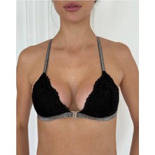 Arona Kadın Simli Kumaş Metal Klips Detaylı Siyah Sütyen