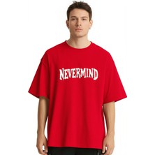 Nevermind Unisex Oversize Tişört – Ön Yazı ve Arka Şehir Manzaralı Kırık Cam Baskı