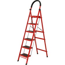 Asil Süper Lüks 6 Basamaklı Katlanır Merdiven | Kaymaz Geniş Basamaklı Ev & Mutfak Tipi | 150 kg Kapasiteli Emniyetli Kırmızı