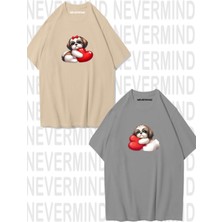 Nevermind Sevgili Kombini Sevimli Köpek ve Kalp Baskılı Oversize Unisex Çift Tişörtü