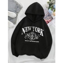 Nevermind Unisex New York Baskılı Oversize Baskılı Kapşonlu Sweatshirt 3 Iplik
