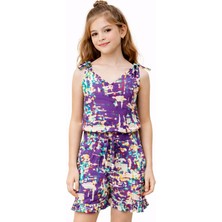 Çikoby Kız Çocuk Şort Tulum Elbise – %100 Viskoz, Ayarlanabilir Boncuklu Askılı, Beli Lastikli, Paçalar Fırfırlı ve Cepli