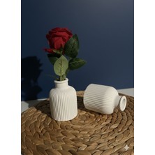 Tek’li Dekoratif Seramik Vazo Seti Beyaz – Çizgili Mini Vazo Masa Üstü Ev Aksesuarı