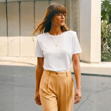 Poupee Vatkalı Beyaz T-Shirt, Omzu Vatkalı Kadın T-Shirt, Pamuklu Örme Penye T-Shirt, Bisiklet Yaka T-Shirt