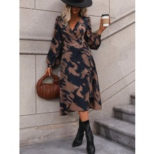 Etiler Collection Kadın Uzun Kollu Kruvaze Yakalı Yandan Bağlamalı Desenli Mini Modal Elbise