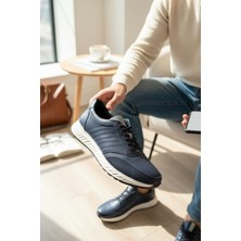 Enoch Hakiki Deri Lacivert Yatay Dikiş Detaylı Erkek Sneaker Ortopedik Taban