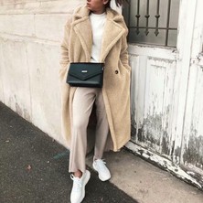 1Tarz Kadın Peluş Düğmeli Kışlık Ceket Krem Renkli Örme Günlük Stil Cepli