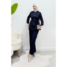 Tesettür Diyarı Pera Çıtçıtlı Krep Kumaş Tesettür Takım- Lacivert