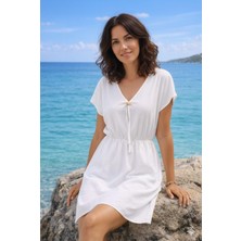 yucian Bel Lastikli V Yaka, Kısa Kollu  Elbise