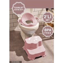 Çocuklar Için Tuvalet Eğitim Seti- Kaydırmaz Katlı Basamak ve Kulplu Klozet Adaptörü Pembe