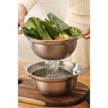 Morponi Gümüş  Paslanmaz Çelik Karıştırma Kabı ve Süzgeç 2'li Lüks Set 27 cm