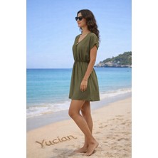 yucian Bel Lastikli V Yaka, Kısa Kollu  Elbise