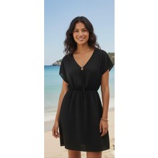 yucian Bel Lastikli V Yaka, Kısa Kollu Elbise