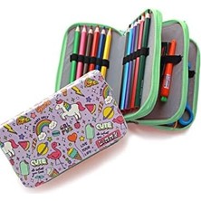 Kalem Kutusu - Kawai Organizer Kalemkutu Vegan Deri Üç Bölmeli Kalemlik - Yeşil