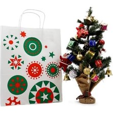 25X31X12 Beyaz Renk Yılbaşı Desenli Kağıt Hediye Çantası 2’li Set – ve Yeni Yıl Hediyelik Paketleme Çantası