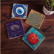 Nazar, Yaşam Çiçeği, Hayat Ağacı, Nar Taş Bardak Altlığı Seti - 4 Parça - Dekoratif, Rustik Mutfak Aksesuarı, 10X10 Cm, Kaydırmaz Tabanlı, Şık ve Dayanıklı SC464