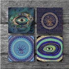 Nazar Taş Bardak Altlığı Seti - 4 Parça - Dekoratif, Rustik Mutfak Aksesuarı, 10X10 Cm, Kaydırmaz Tabanlı, Şık ve Dayanıklı SC183