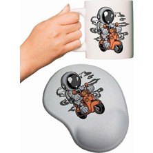 Motorlu Astronot Baskılı Bilek Destekli Mouse Pad + Kupa Bardak Mug
